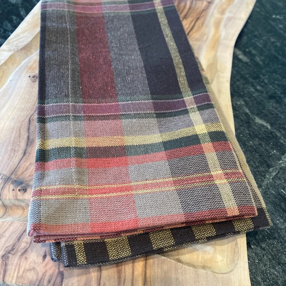 Pottery Barn Woodrow Plaid Cotton Napkins, SET OF 3 Brown Gray Multi Rare Rustic